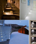 Linkable LED Under Cabinet Lights 12V Recessed Mini Downlights Kit Dimmable with remote, illuminating stairs and shelves.