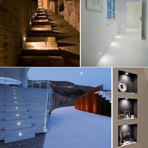 Linkable LED Under Cabinet Lights 12V Recessed Mini Downlights Kit Dimmable with remote, illuminating stairs and shelves.