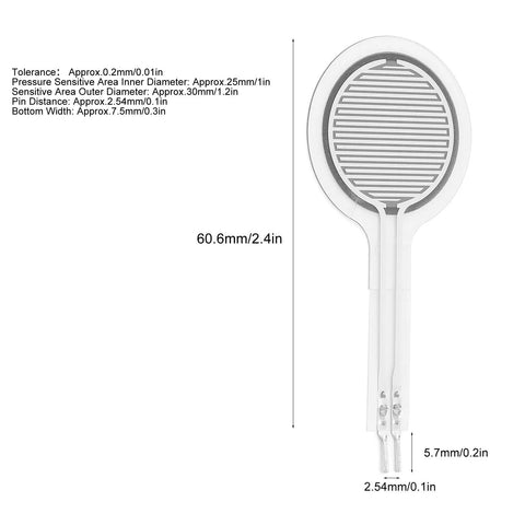 Flexible Force Sensitive Resistor Thin Film Pressure Sensor 0 To 50 Kg Range with dimensions and specifications shown