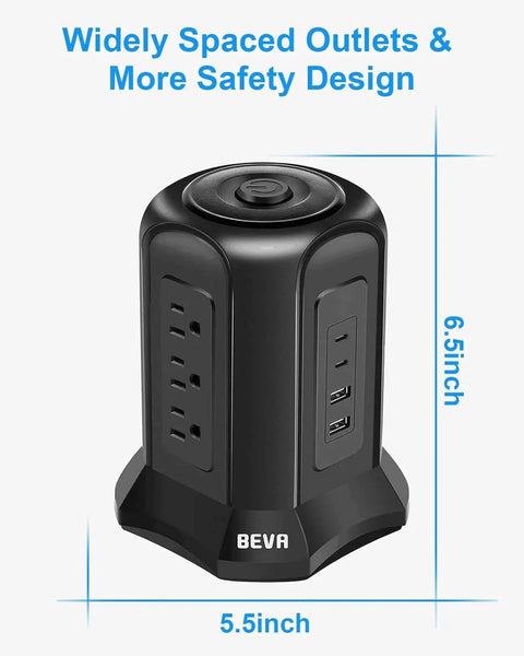 13 In 1 Tower Surge Protector With USB Charging Station 9 AC Outlets And 4 Smart USB Ports, 6.5 Ft Cord, black vertical design.