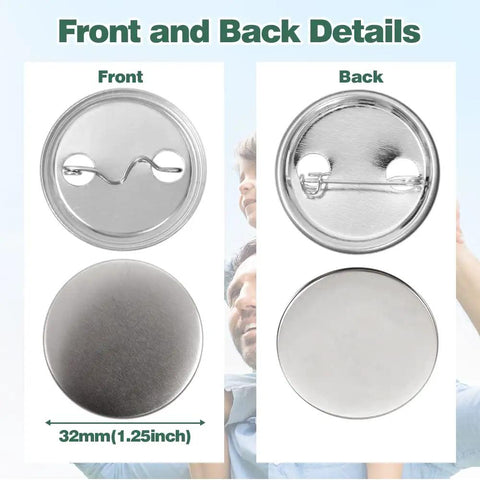 Front and back view of 32 mm pinback parts from Killer 300 Sets 1.25 Inch Button Maker Supplies.