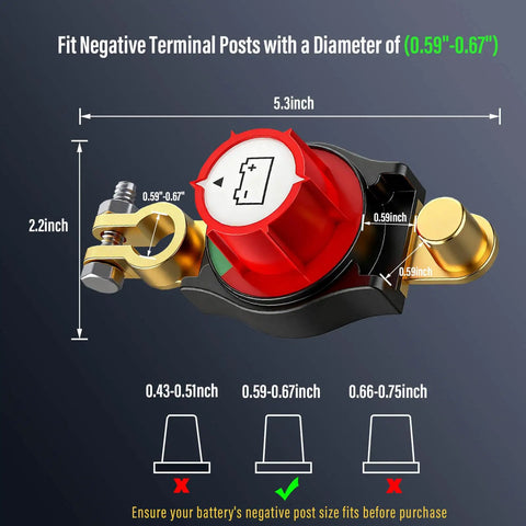 Dimensions diagram of 12V Battery Disconnect Switch IP67 Waterproof Cut Off For Car, Truck, RV, showing fit for negative terminal posts.