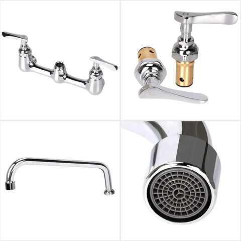 Commercial 8 Inch Center Wall Mount Kitchen Faucet With 12 Inch Swivel Spout And Two Handles For 2 Or 3 Bay Prep And Utility Sinks