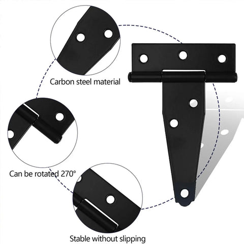 Four Piece T Strap Hinges Four Inch Heavy Duty Gate Hinges For Barn Doors Wooden Panels Farm Fences And Workshop Sheds Built Like A Tank For No Sweat Install showing carbon steel design with hinge rotation.