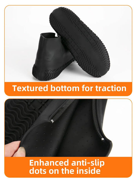 Waterproof Silicone Shoe Covers Overshoes With Non Slip Grip For Men Women Kids showing textured soles and zipper detail