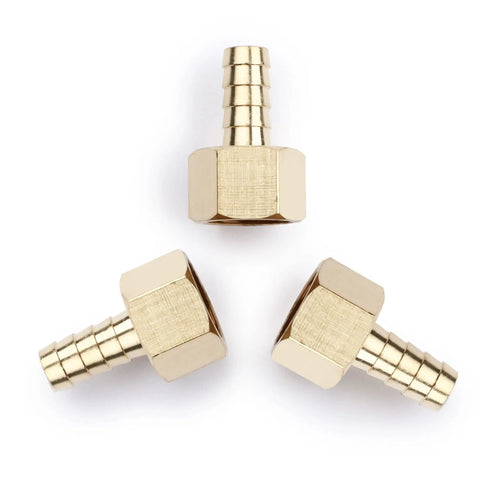 Heavy Duty 3/8 Inch Barb To 3/8 Female Npt Brass Fitting Set showcasing three brass hose adapters for plumbing repairs.