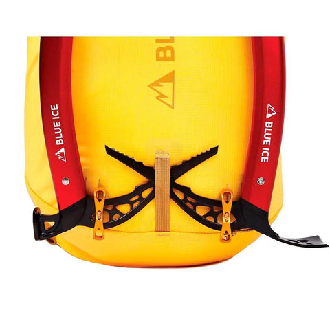 Akila Ice Axe Hammer For Alpine Climbing And Ski Mountaineering attached to yellow backpack