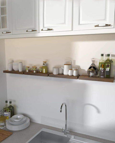 15 Inch Floating Shelves Set Of 4 With Hidden Brackets Rustic Brown Wall Mounted Shelves in kitchen displaying jars and bottles