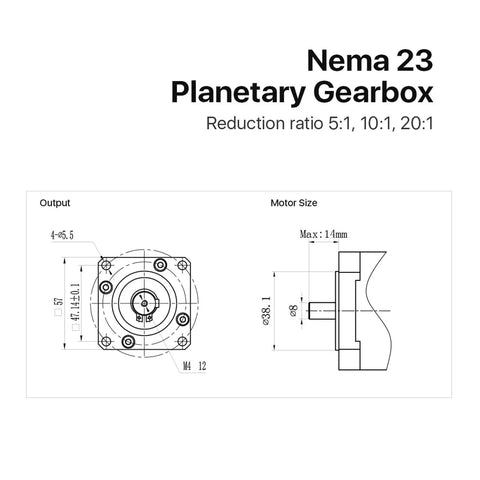 Nema 23 Planetary Gearbox Speed Reducer With 5 To 1 10 To 1 20 To 1 Ratios And 8mm Input technical drawing