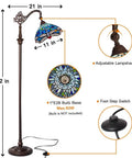 Tiffany Style Stained Glass Floor Lamp 62 Inch Tall With Blue Dragonfly Shade, Soft Ambient Light, showing adjustable lamp and foot switch.