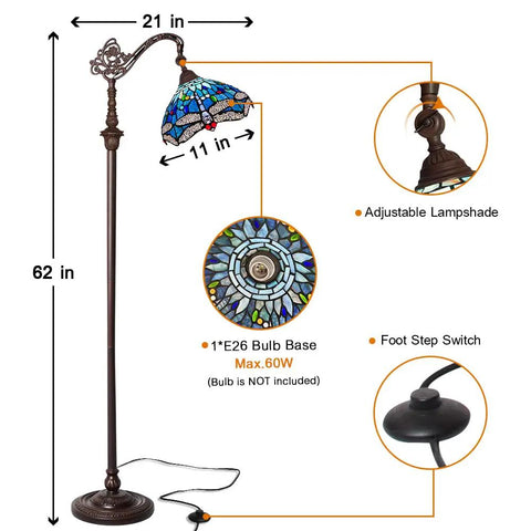 Tiffany Style Stained Glass Floor Lamp 62 Inch Tall With Blue Dragonfly Shade, Soft Ambient Light, showing adjustable lamp and foot switch.