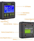 Front and back view of Digital Angle Gauge Protractor With Dual Axis Bubble Level, LCD display and V-Groove Magnetic Base.