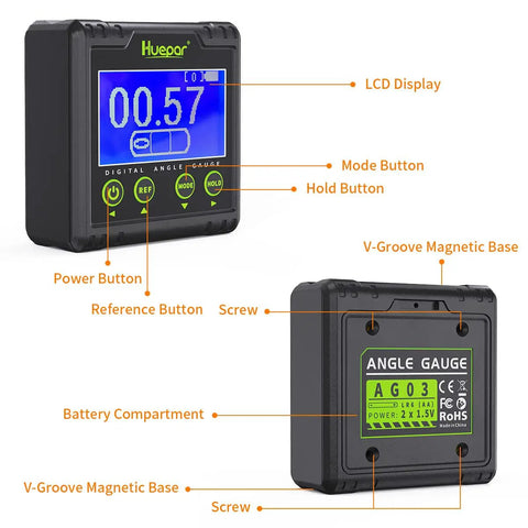 Front and back view of Digital Angle Gauge Protractor With Dual Axis Bubble Level, LCD display and V-Groove Magnetic Base.