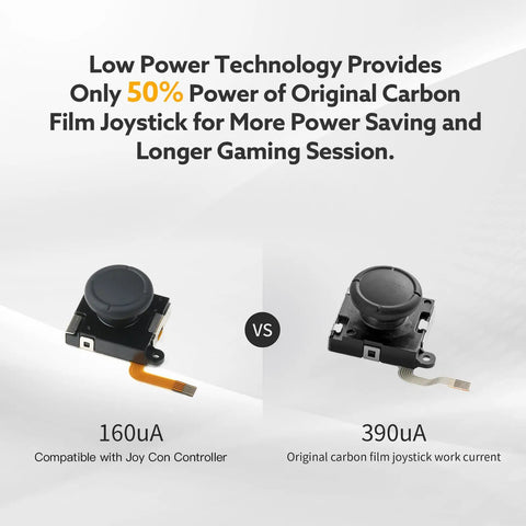TMR Hall Effect Joystick Replacement Kit 2 Pack, low power use comparison with original carbon film joystick for JoyCon.