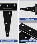 Six Inch T Strap Shed Door Hinges Heavy Duty 2 Pack with 270 Degree Rotation, matte black, flat surface with expanded hole design