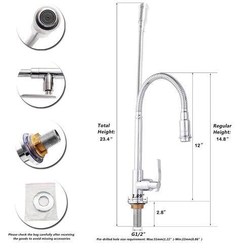 Outdoor Kitchen Sink Faucet, 360 Degree Rotatable, Deck Mounted, Single Handle Cold Water Tap With Flexible Neck, Chrome Finish