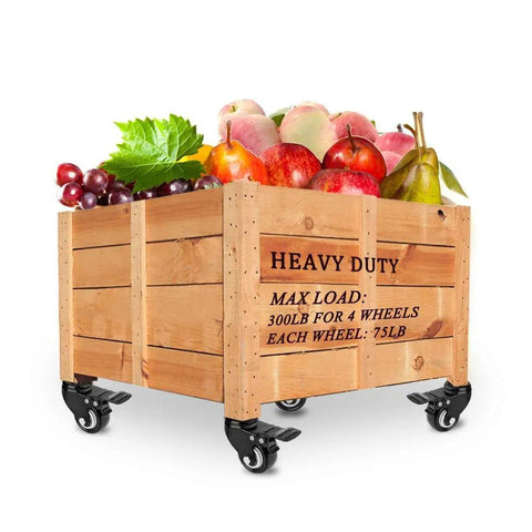 Top-Shelf 2 Inch Swivel Stem Casters With Brake, Grit Tough M8 Polyurethane Wheels For Furniture Upgrades And DIY Projects, Rock Solid Build Quality Includes Essential Mounting Hardware, 4 Pack on a heavy-duty wooden crate carrying fruits.