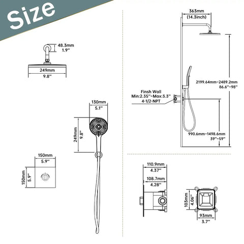 Brushed Gold Shower System With 12 Inch High Pressure Shower Head And 3 Setting Handheld Combo, dimensions diagram