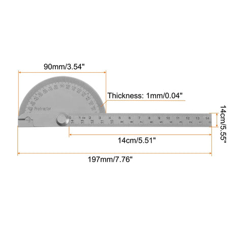 Hefty Stainless Steel Angle Protractor And 0 To 180 Degree Round Head Finder Measuring Ruler with 14cm scale for woodworking.