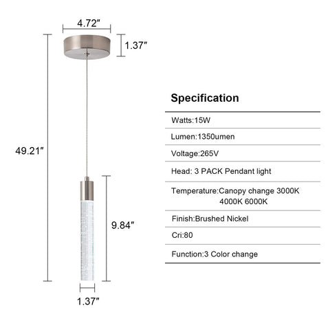 Modern Brushed Nickel Crystal Pendant Lights For Kitchen Island With Dimmable 3000K 4000K 6000K Switch 40W Specification