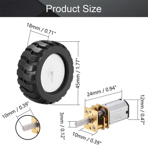 12V DC Mini Gear Motor N20 With D Shaft Fixed Frame Mount Nut And Plastic Wheel for DIY Toys and Science Projects, size dimensions shown