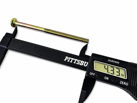 Digital caliper measuring bolt size of Beefed Up Barrel Nut And Bolt Fastener Set For Furniture, 4.33 inches length displayed