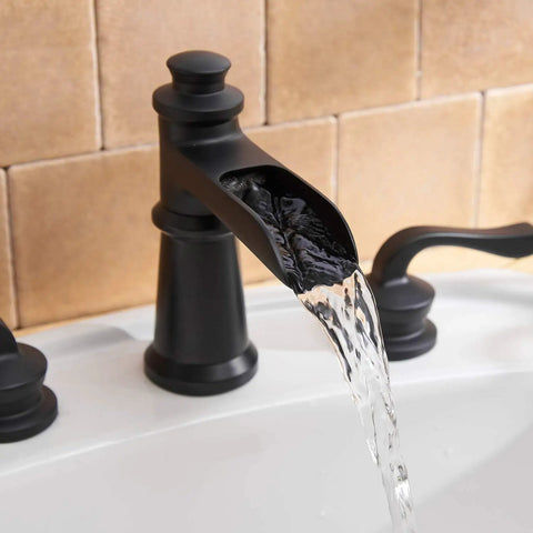 Widespread Matte Black Bathroom Faucet With Pop Up Drain For 3 Hole Install Two Handle Waterfall Lavatory Tap Includes Supply Hose