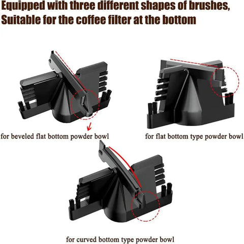 Automatic 58Mm Electric Portafilter Knock Box design showing three brush shapes for coffee filter types, in black.