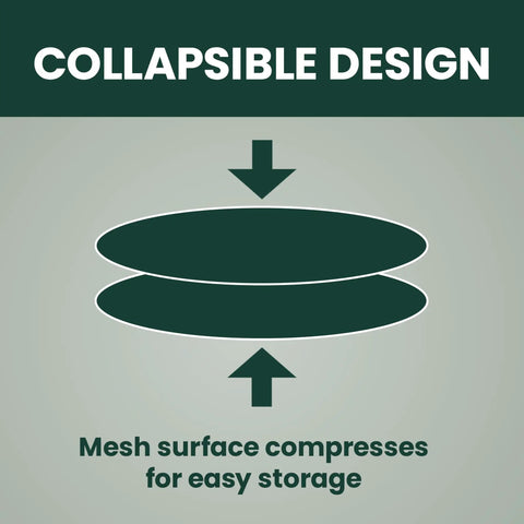 Illustration showing collapsible design of durable wild bird feeder with diamond mesh and 360 degree seed tray.