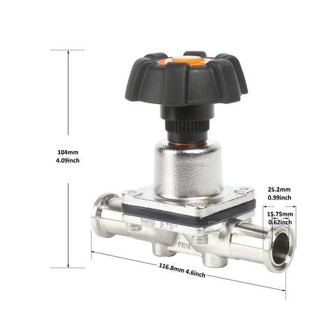 QiiMii SS316L 3/4 in tri-clamp diaphragm valve, front view; EPDM/PTFE membrane, stainless steel body, black knob