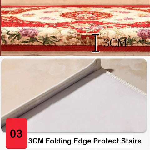 Close-up of 3CM thick edge of Set Of 13 Non Slip Washable Stair Treads Carpet With Skid Resistant Rubber Backing, Alexander Red.