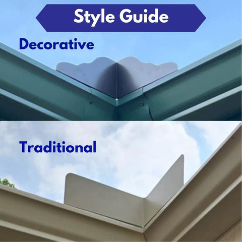 Rain Gutter Valley Splash Guards Set Two Pack Straight Or Bent For Inside Corners And Outside Corners White Finish Premium Aluminum Water Overshoot Shield Includes Screws And One Quarter Inch Bit Driver For Easy Install