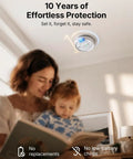 Wireless Interconnected Smoke Detectors 10 Year Battery 6 Pack installed on ceiling in a home setting with family reading.
