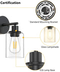 Black Wall Sconces Set Of Two With Clear Glass Shade, Dope Modern Vanity Wall Lamps For Mirror, Living Room Or Bedroom, 1-Light Design, Bulbs Not Included, featuring standard mounting bracket and E26 lamp base.