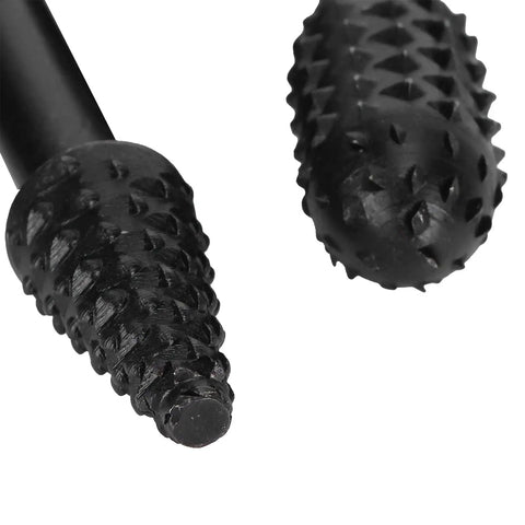Close-up of special shaped rotating embossed grinding heads in Five Piece Wood Carving File Set For DIYers Woodworking Projects