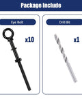 Package includes 10 Pack Eye Bolts 1/4 In By 4 In T316 Stainless Steel Heavy Duty Eyebolts With Nuts And Washers And Drill Bit