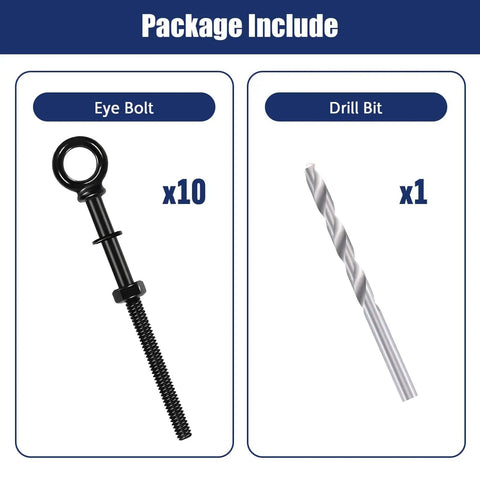 Package includes 10 Pack Eye Bolts 1/4 In By 4 In T316 Stainless Steel Heavy Duty Eyebolts With Nuts And Washers And Drill Bit