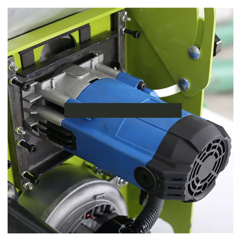 Compact Desktop Woodworking Saw motor detail, blue housing, integrated in the dust-free table cutter, engineered for clean cuts.