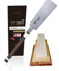 Pro Grade Japanese Pull Saw With Dual Rip And Crosscut Blades That Deliver Hella Sharp Cuts Through Dovetails Tenon Joints And Rough Lumber Without Any Fuss Or Snags Along The Way, displayed with wood pieces.