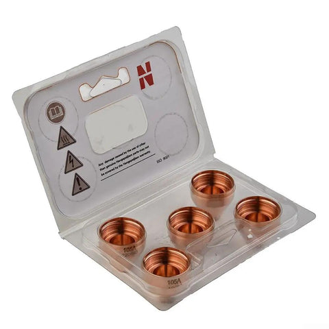 Heavy Duty 5-Pack Plasma Cutter Shield Caps in transparent case, robust copper build, perfect for Hypertherm 65 and 85 models.
