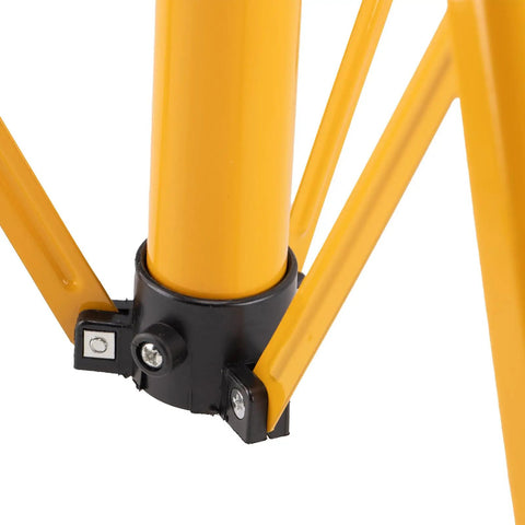 Detail of Adjustable Telescopic Metal Archery Target Stand in Bright Yellow for Backyard Practice, tripod base close-up.