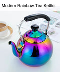 Induction Compatible Stovetop Tea Kettle Stainless Steel Whistling Tea Kettle Rainbow Iridescent Mirror Finish 2 Quart displayed