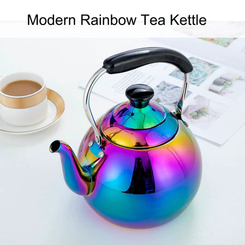 Induction Compatible Stovetop Tea Kettle Stainless Steel Whistling Tea Kettle Rainbow Iridescent Mirror Finish 2 Quart displayed