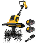 Cordless Tiller Cultivator with 48 steel tines, 9 inch width, 6.7 inch depth, and two 21V batteries with charger, garden tool