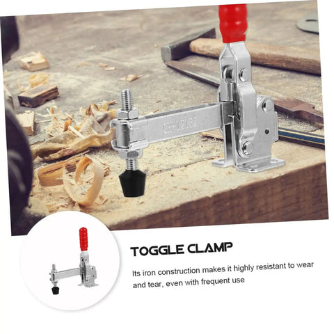Two Piece Welding Toggle Clamps With Rubber Tips on wooden workbench
