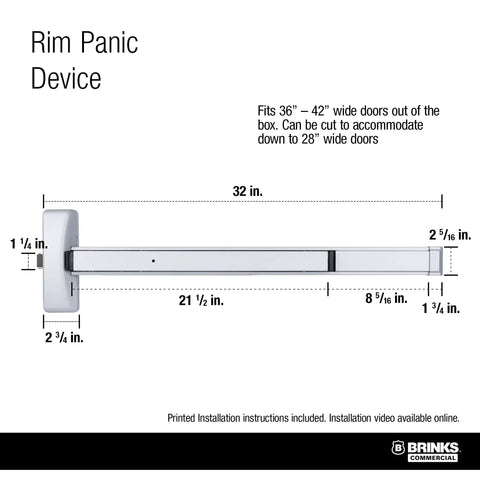 Built Tough Aluminum Rim Panic Exit Device With Storeroom Lever Trim Handle Easy Grip Operation dimensions for 36 to 42 inch doors.
