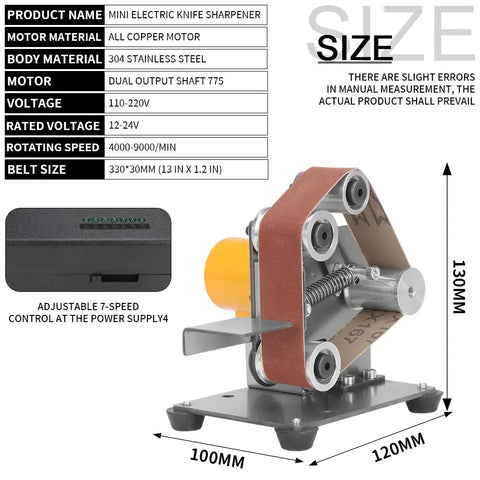 Compact Mini Belt Sander Electric Knife Sharpener Featuring Seven Adjustable Speeds And Multi Grit Abrasive Belts with copper motor and stainless steel frame.