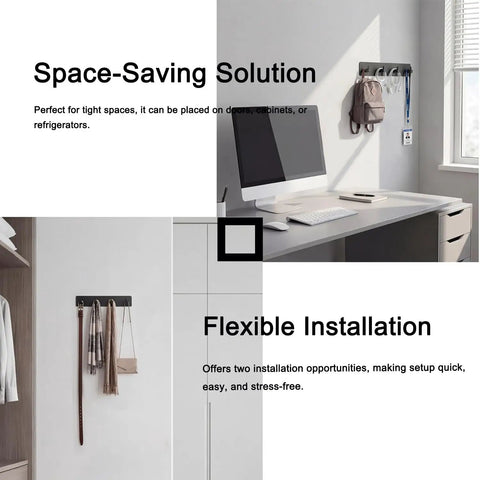 Ultra Handy Wall Key Holder With 4 Hooks And Dual Adhesive Tapes, mounted on wall, used for hanging items, black finish
