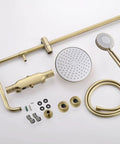 UMJIGF 10 Inch Shower System Brushed Gold Shower Faucet Set Wall Mounted Brass Shower Combo Set Dual Handle Mixer Shower with Shower Head, 3 Mode Handheld Shower, Tub Spout components arranged on white background.
