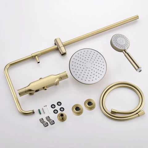 UMJIGF 10 Inch Shower System Brushed Gold Shower Faucet Set Wall Mounted Brass Shower Combo Set Dual Handle Mixer Shower with Shower Head, 3 Mode Handheld Shower, Tub Spout components arranged on white background.